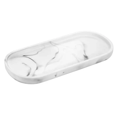 Afbeelding van Luxspire Wastafelbakje, Ovaal Hars Marmeren Badkuipbakje, badkamer Countertop organisatie, ijdelheid organisator voor kaarsen, zeep, handdoek, plant, etc wit marmer
