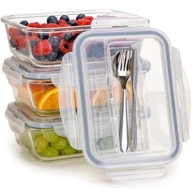 Afbeelding van Igluu Meal Prep Glazen containers met bestek deksel luchtdichte portieregeling voedselopslag BPA vrij magnetronbestendig, oven en vaatwasmachinebestendig 1050ml (3 stuks)