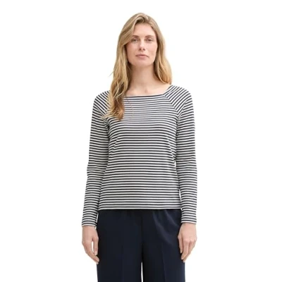 Afbeelding van TOM Tailor Langarmshirt Longsleeve, Dames, Maat: Large, Offwhite navy regular stripe