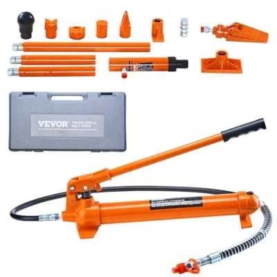 Afbeelding van VEVOR hydraulische cilinderbouwset, draagbare krik, 10 t, met 1,4 m olieslang, reparatieset voor carrosserieframe, opbergkoffer autoreparatie, vrachtwagen, boerderij, oranje