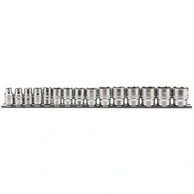 Afbeelding van Draper 16492 3/8 inch vierkante aandrijving metrische socket 15 delige set op metalen rail, blauw