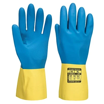 Afbeelding van Portwest A801 Dubbel Gecoate Latex Handschoen, Normaal, Grootte L, Geel/Blauw