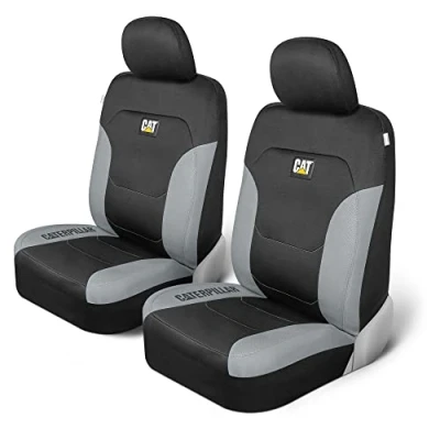 Afbeelding van Caterpillar Flexfit autostoelhoezen voor auto&#039;s, vrachtwagens en SUV&#039;s (set van 2) zwarte voorstoelen, vrachtwagenstoelbeschermers met grijze honingraatbekleding,