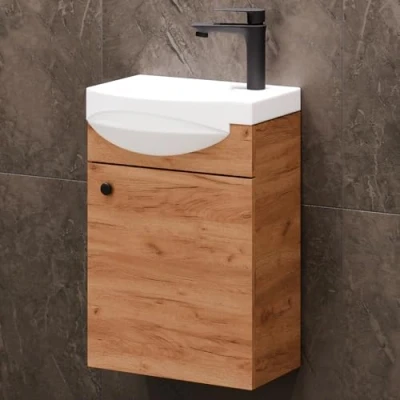 Afbeelding van Planetmöbel Wastafel 40 cm goud eiken, wastafelonderkast hangend met wastafel, badkamermeubel voor gastentoilet