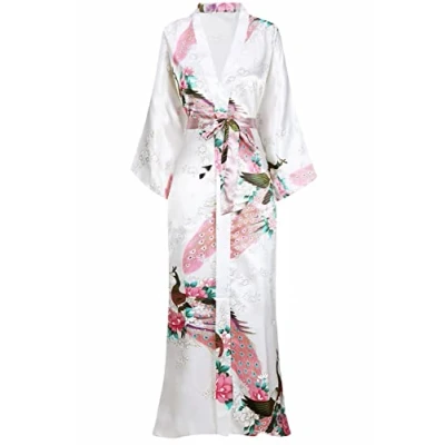 Afbeelding van BABEYOND Damesochtendjas, kimono, lang model, met pauwenprint, ook geschikt als strandjurk, wit, onesize grote maten