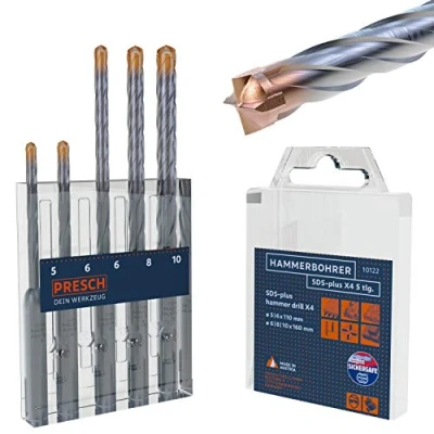 Afbeelding van Presch Set SDS plus Boren X4 5 delig voor Gewapend Beton met 4 Snijkanten en Pluglengte indicator Boorhamerboren Beton, Steen, Graniet, Dakpannen, Metselwerk Ø 10mm