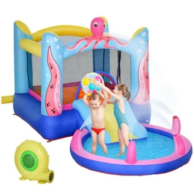Afbeelding van Outsunny Opblaasbaar Springkasteel met Glijbaan voor Kinderen Opblaasbare Trampoline Waterglijbaan Zwembad 3 8 Jaar Octopus Patroon 360 x 175 180 cm