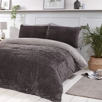 Afbeelding van Sleepdown Geribbelde fleece sprankelend glitter grijs omkeerbaar thermisch warm, gezellig super zacht dekbedovertrek set met kussenslopen King (220 cm x 230 cm)