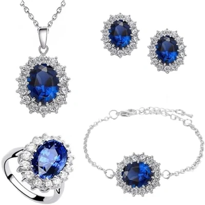 Afbeelding van TOFBS Sieradenset voor dames en meisjes, zirkonia, hanger, ketting, oorbellen, armband ringenset, prinses Diana sieradenset, Metaal