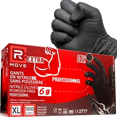 Afbeelding van R MOVE Nitril handschoenen, zwart, 6 gram, extra duurzaam, 60% meer dikte aan de vingers dan 3,5 g, geen poeder, latex, voor monteurs, tatoeëerders, gastronomie, wegwerphandschoenen, maat XL, 100