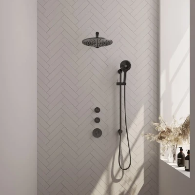 Afbeelding van Brauer Gunmetal carving Regendoucheset inbouw hoofddouche 30cm 3 knoppen rechte wandarm glijstang handdouche rond standen PVD