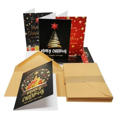 Afbeelding van 24 x gouden kerstkaarten dikke kaart met speciale afwerking gerecyclede kraftpapier enveloppen