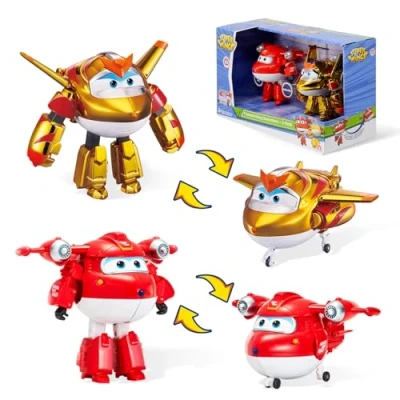 Afbeelding van Super Wings seizoen 6 figuren, robots, transformeerbaar, cartoon ontwerp, Jett SC + Golden Boy, speelgoed voor kinderen 3 4 5 7 8 jaar (2 x 12 cm)