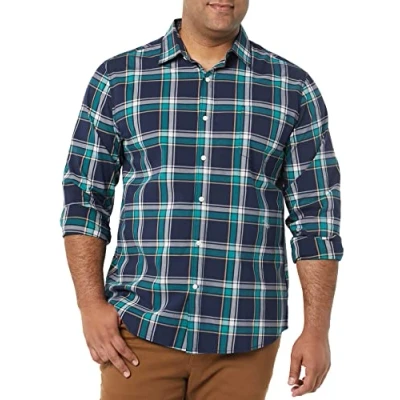 Afbeelding van Amazon Essentials Regular Fit Stretch Poplin overhemd met lange mouwen voor heren, donkergroen marineblauw, medium geruit, XS