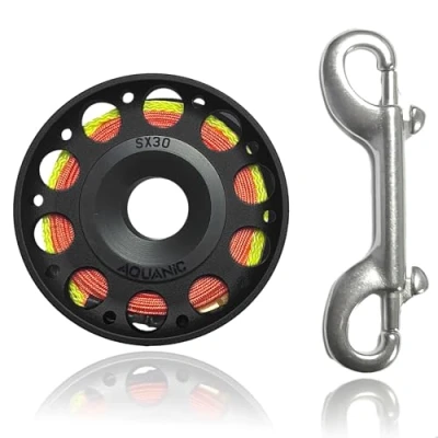 Afbeelding van Duikhaspel 99FT Vingerhaspel met Duik Dubbelzijdige bout Snap Clip Aluminium Vinger Spoel Reel voor Snorkelen, Duiken Vissen, Zwart