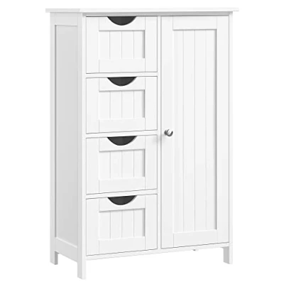 Afbeelding van VASAGLE Dressoir badkamerkast, badkamerkast van hout bijzetkast commode met 4 laden, kastdeur, verstelbare plankvlak, woonkamer, keuken, hal, diep, vrijstaand, wit LHC41W