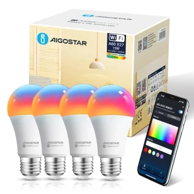 Afbeelding van Aigostar Slimme Lampen E27 SL2 Smart wifi ledlamp 15 W 1500 lm, Dimbaar RGB &amp; 2700K 6500K, App bediening, Compatibel met Alexa/Google Home, Verpakking van 4 stuks