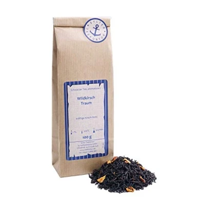 Afbeelding van zwarte thee, losse wilde kersen, droom kers, rozenblaadjes, krachtige kers noot 250 g