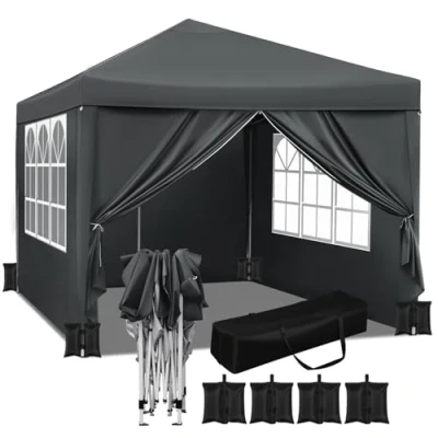 Afbeelding van WOLTU Tuinpaviljoen, inklapbaar, 3 x m, tuinpaviljoen voor buiten, van ijzer, in hoogte verstelbaar, opvouwbaar, met waterdichte afdekking, set 4 zandzakken, eenvoudig te monteren, antraciet