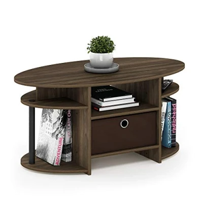 Afbeelding van Furinno JAYA Simple Design Ovale salontafel met bak, Columbia Walnoot/Zwart/Donkerbruin