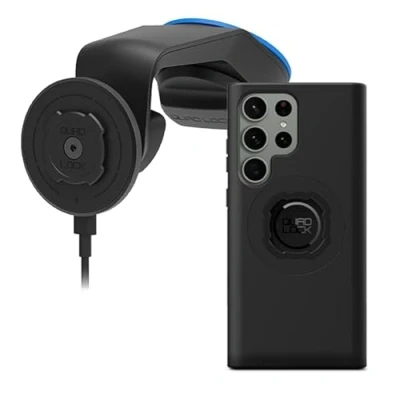 Afbeelding van Quad Lock Zuig voorruit/dashboard auto telefoonhouder kit met MAG draadloze oplaadkop V2 en Galaxy S23 Ultra telefoonhoesje