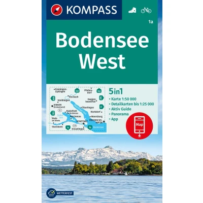 Afbeelding van KOMPASS Wanderkarte 1a Bodensee West 1:50.000: 5in1 mit Aktiv Guide, Detailkarten und Panorama inklusive Karte zur offline Verwendung in der App. Fahrradfahren.