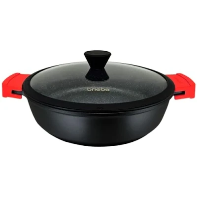 Afbeelding van briebe Black Titanium kookpan voor de keuken, inductie, antiaanbaklaag, titanium, 28 cm, gegoten aluminium, coating zonder PFOA, glazen deksel, siliconen handgrepen, glaskeramiek, gas, oven