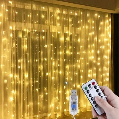 Afbeelding van Anpro LED lichtgordijn, 3m x 300 Gordijn licht Warm Wit Venster Fairy String Lights, 8 Modi Afstandsbediening met USB aansluiting, voor Kerstmis, Feest, Bruiloft, Slaapkamer Decoratie
