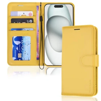 Afbeelding van TECHGEAR iPhone 15 lederen portemonneehoesje, flip beschermhoes met portemonnee kaarthouder, standaard en polsband geel PU leer magnetische sluiting voor 6,1 inch