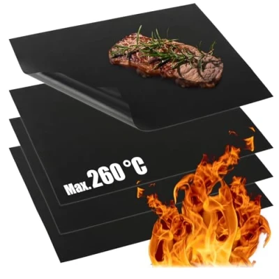 Afbeelding van COM FOUR® 4x BBQ grillmat van Teflon hittebestendige bakmat antiaanbakgrillfolie grill en herbruikbaar, op maat gesneden, vaatwasmachinebestendig (4 stuks zwart)