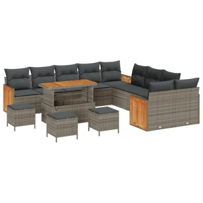 Afbeelding van vidaXL 14 delige tuin sofa set met kussens Grijs Poly Rattan Acacia