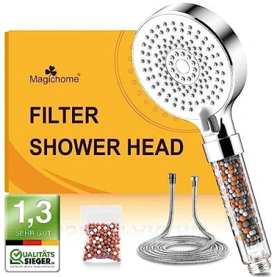 Afbeelding van Magichome Waterbesparende douchekop, met een slang van 2 m, handdouche, 3 laagse filter minerale steentjes, 5 sproeistanden, waterbesparend en drukverhogend, inclusief extra steentjes