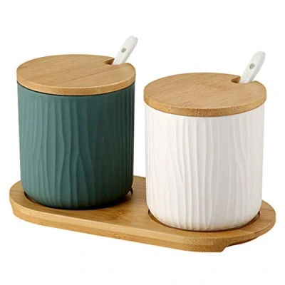 Afbeelding van OnePine Set van 2 Suikerkom, 300ml Keramische Kruidenpot Kruidenpotten met Bamboe Deksel en Lepel voor Thuis Keuken