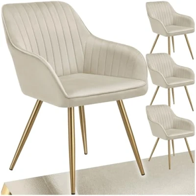 Afbeelding van tectake® Fluwelen Stoel Eetkamerstoel Met Gewatteerde Stof, Moderne Keukenstoelen, Comfortabele Fauteuil Voor Woonkamer, Eetkamer, Lounge creme / goud