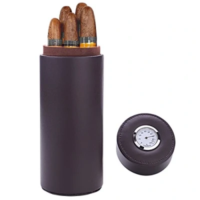 Afbeelding van Sigarenkoker, cederhout gevoerde draagbare lederen sigaar humidor met luchtbevochtiger (bruin)