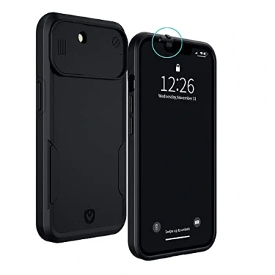 Afbeelding van Spy Fy Valenta iPhone 13 hoes met schuifcameraafdekking voor en achter, bescherm je privacy, valbeveiliging van 2 meter, mat zwart, camerahoes