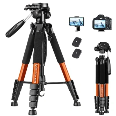 Afbeelding van Victiv Camerastatief, aluminium, 182 cm, licht, compact, voor op reis, DSLR, met draaibaar in 3 richtingen, 360, panorama, kogelkop en telefoonhouder, te gebruiken YouTube of vlogs videoconferenties, oranje