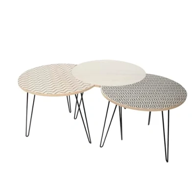 Afbeelding van Lot de 3 Tables Basses Emboitable Salon Gigognes, Fer, Beige, Noir