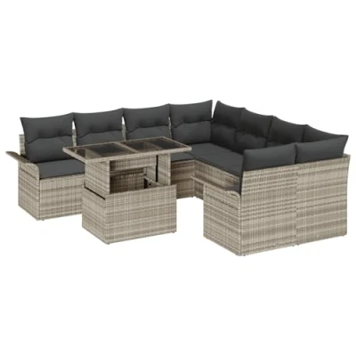 Afbeelding van vidaXL 9 Delige Tuin Sofa Set met Kussens Licht Grijs Poly Rattan