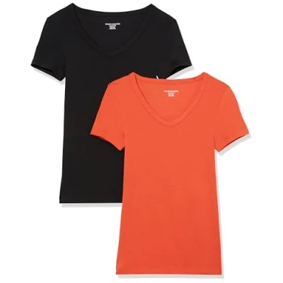 Afbeelding van Amazon Essentials Women&#039;s T shirt met korte mouwen en V hals in slanke pasvorm, Pack of 2, Tomatenrood/Zwart, M