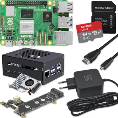 Afbeelding van Raspberry Pi 5 16 GB PCIe M.2 NVMe Kit metalen behuizing Active Cooler SSD Board USB C 45W voeding 64GB SD kaart 4K Micro HDMI kabel (16 RAM)