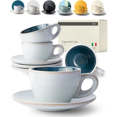 Afbeelding van KIVY Cappuccinokopjes, set van 4 x 180 ml, handgemaakt dikwandig aardewerk, cappuccino kopjes met schotel, elegante koffiekopjes, groot, blauw