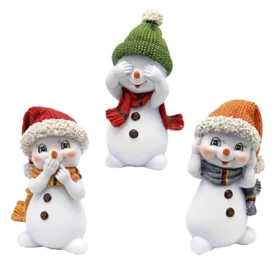 Afbeelding van Sneeuwkinderen Niets horen, zien, zeggen met muts en sjaal in oranje, groen rood, als set van 3, L/B/H 6,3 x 5 10,5 cm