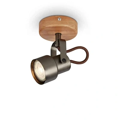 Afbeelding van Briloner Leuchten Spotlamp, wandspot, wandlamp retro, vintage, spot draai en zwenkbaar, 1x GU10, 5 Watt, 460 lumen, 3000 Kelvin, metaalhout, antiek grijs, 90x100x127mm (DxLxH)