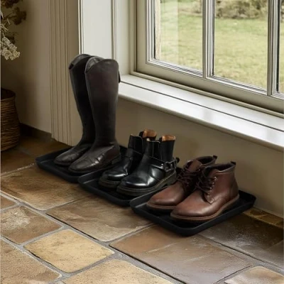 Afbeelding van Navaris 3x afdruipbak met rand voor schoenen Laarzen trays in de hal Afdruipmat binnen en buiten Schoenenschaal profiel Zwart