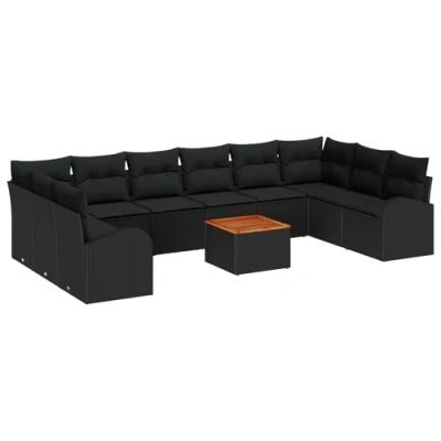 Afbeelding van vidaXL 11 delige Tuin Sofa Set met Kussens Zwart Poly Rattan Acacia, 2 persoons Opslag &amp;