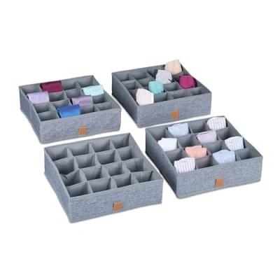 Afbeelding van Relaxdays ondergoed organizer, set van 4, stof, voor sokken, stropdassen &amp; onderbroeken, lades kledingkasten, grijs