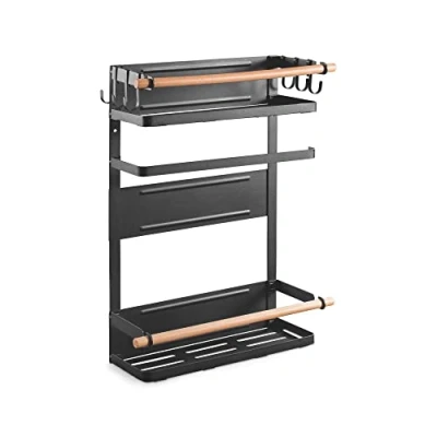 Afbeelding van PureMounts® Magnetisch zijrek, belastbaar tot 12 kg, hangrek met afneembare haken en houten stokken, zwart