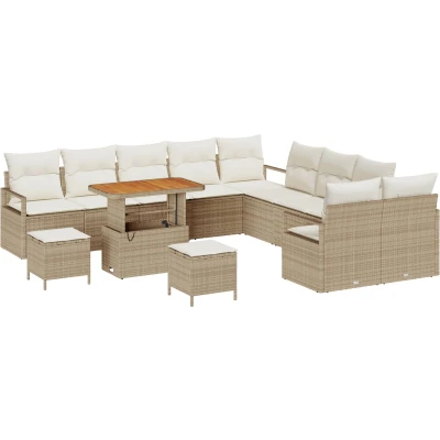 Afbeelding van vidaXL 13 delig tuinbankstel met kussens beige poly riet acacia, 2 zits tuinbank opslag &amp; riet, 3 tuin eetset acacia