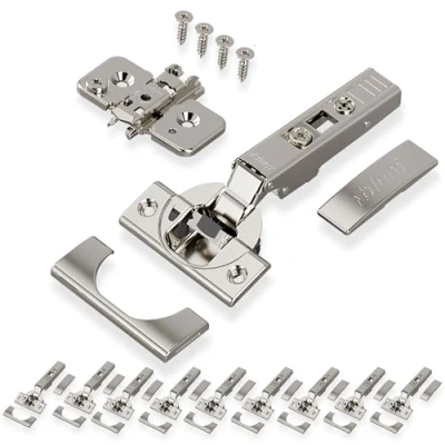 Afbeelding van 10 x BLUM CLIP top BLUMOTION meubelscharnier 110, recht met veer, schroeven, hoekaanslag + excentrische kruismontageplaat, staal, afstand 0 mm
